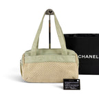 Chanel Raffia Lambskin Logo Mini Boston Bag Beige Green