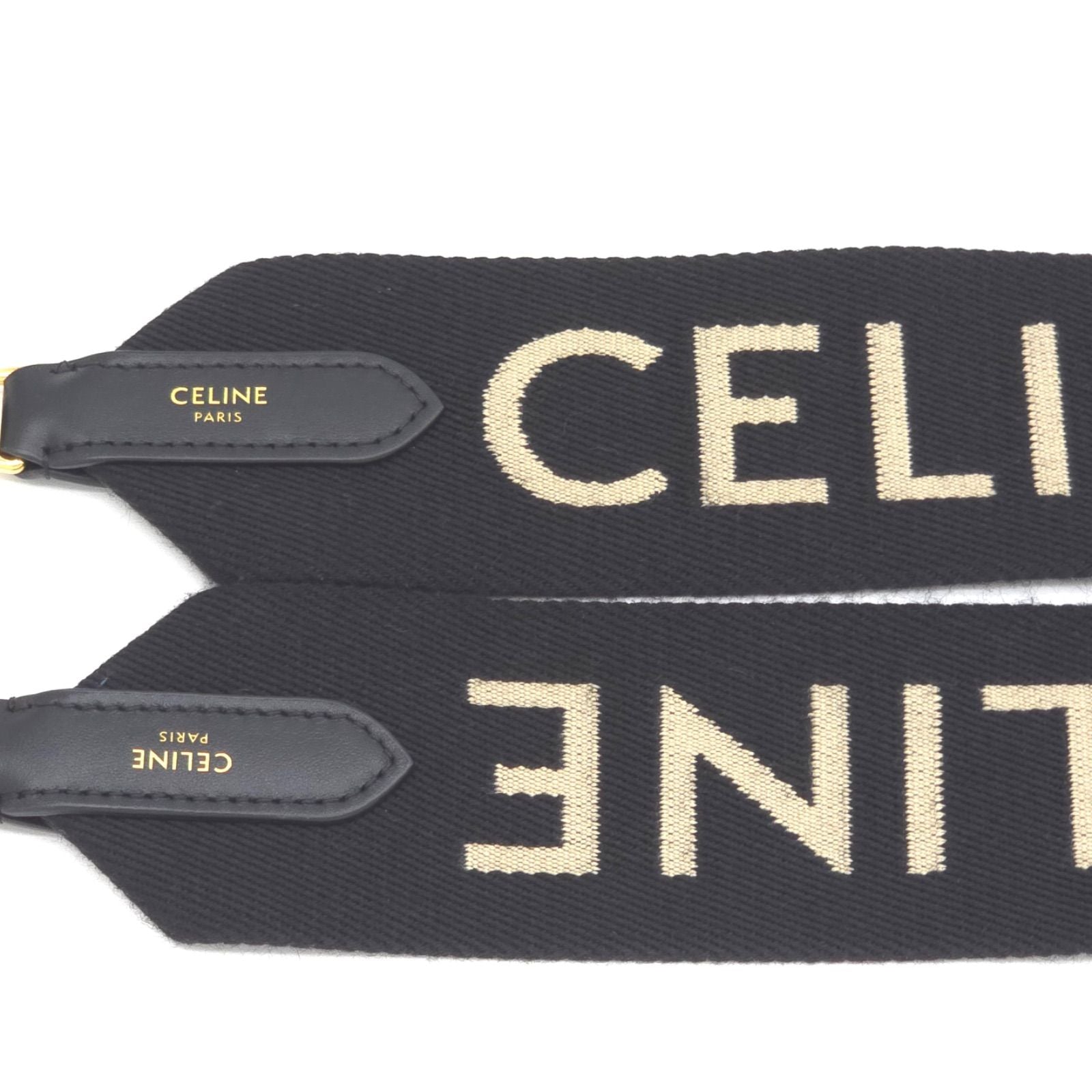 Celine Logo Shoulder Strap 106.5 Black Beige Color Wool Jacquard Weave Gold — view 6