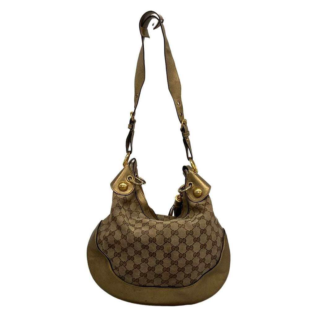 Gucci Shoulder Bag GG Pattern Beige Dark Brown Gold Tassel Leather — view 3