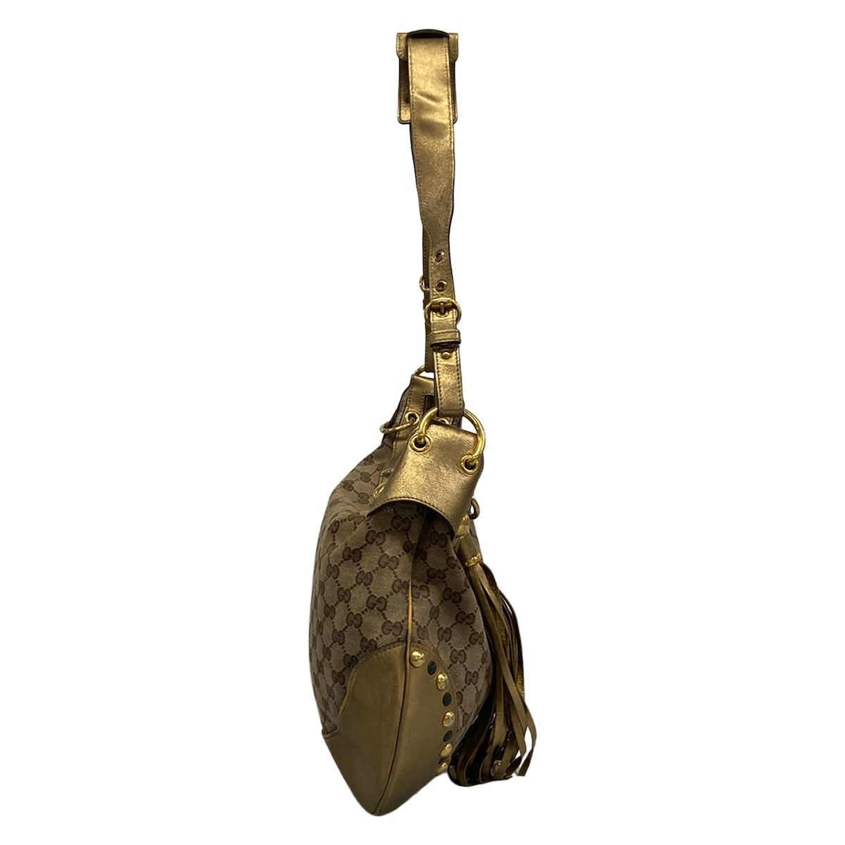 Gucci Shoulder Bag GG Pattern Beige Dark Brown Gold Tassel Leather — view 2