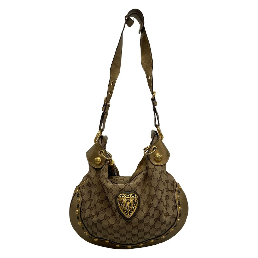 Gucci Shoulder Bag GG Pattern Beige Dark Brown Gold Tassel Leather