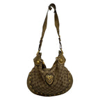 Gucci Shoulder Bag GG Pattern Beige Dark Brown Gold Tassel Leather