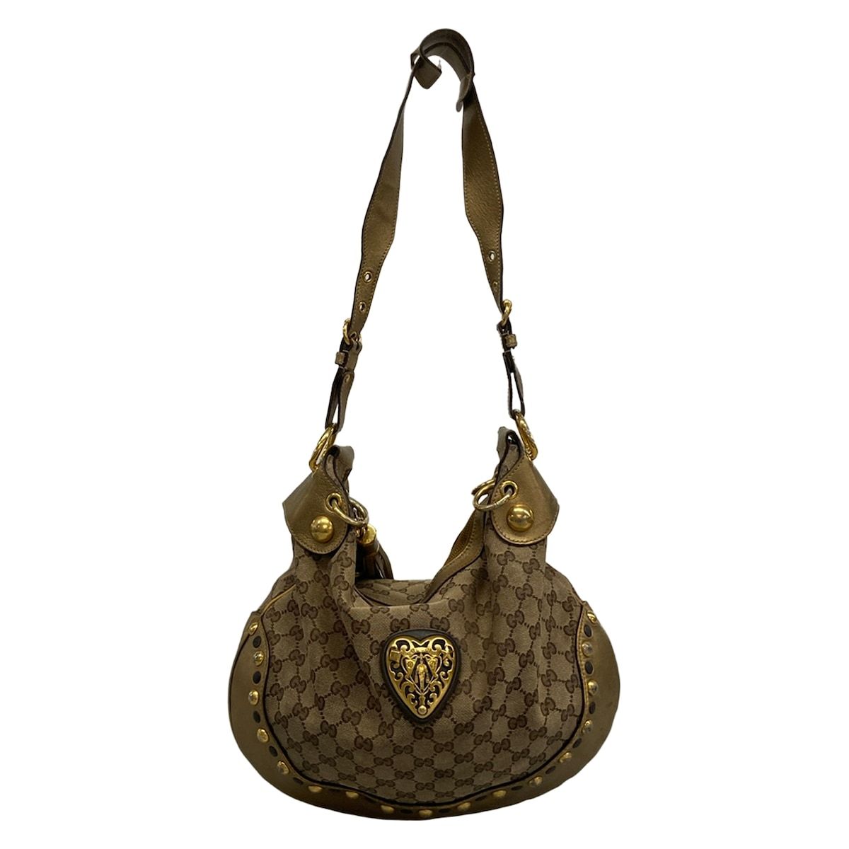 Gucci Shoulder Bag GG Pattern Beige Dark Brown Gold Tassel Leather