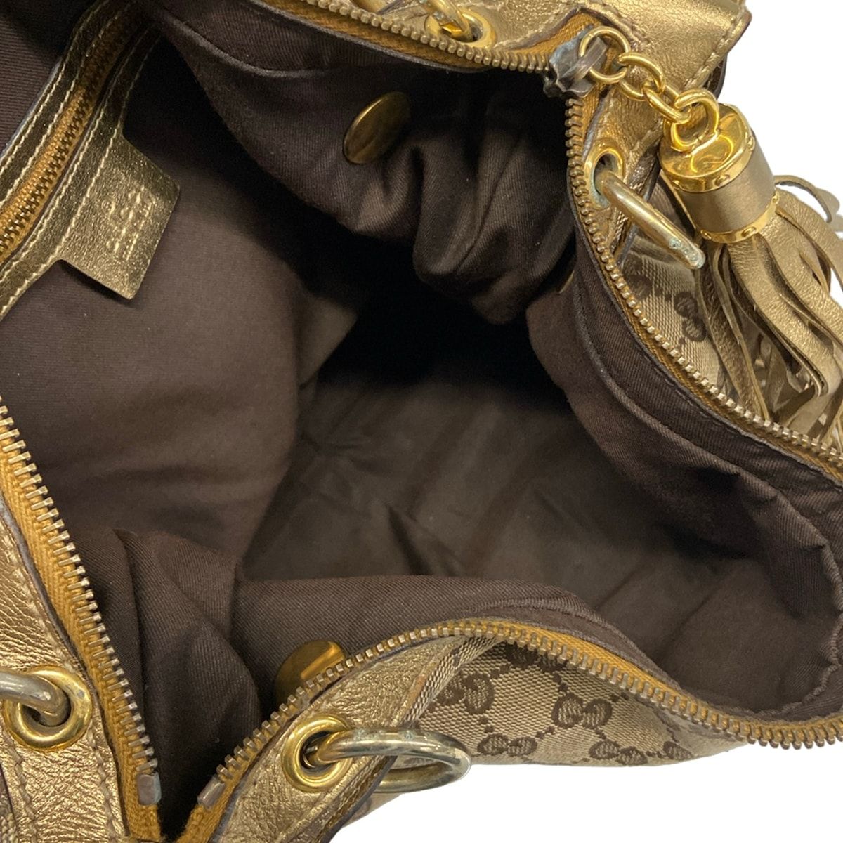 Gucci Shoulder Bag GG Pattern Beige Dark Brown Gold Tassel Leather — view 7