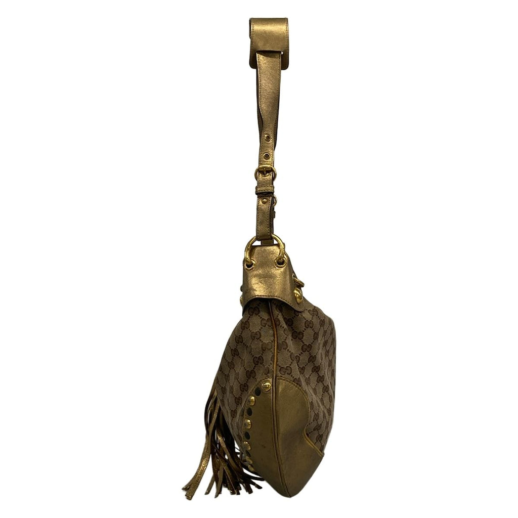 Gucci Shoulder Bag GG Pattern Beige Dark Brown Gold Tassel Leather — view 4