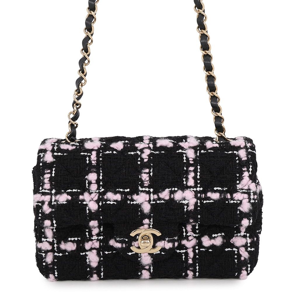 Chanel Chain Shoulder Bag Quilted 20 CC Logo Tweed Black