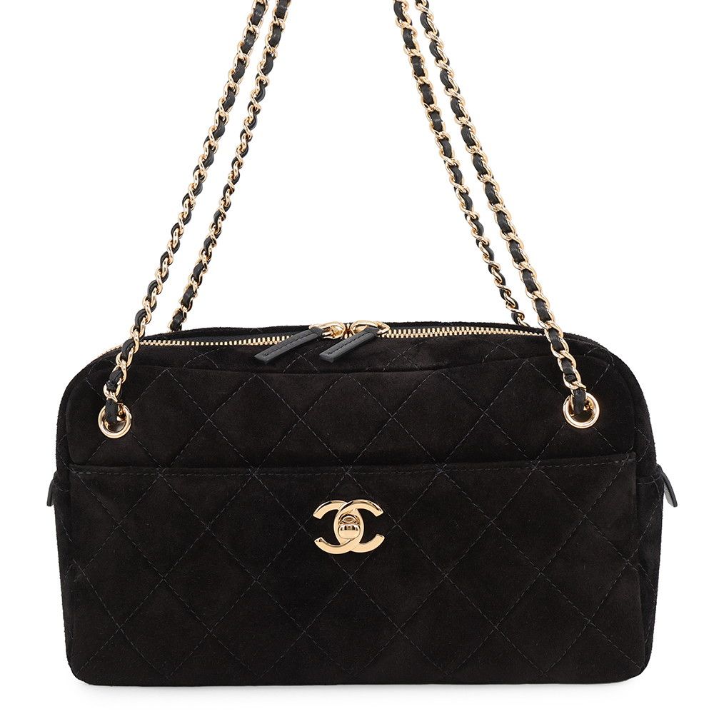Chanel Chain Shoulder Bag Quilted CC Logo Suede Calfskin Black
