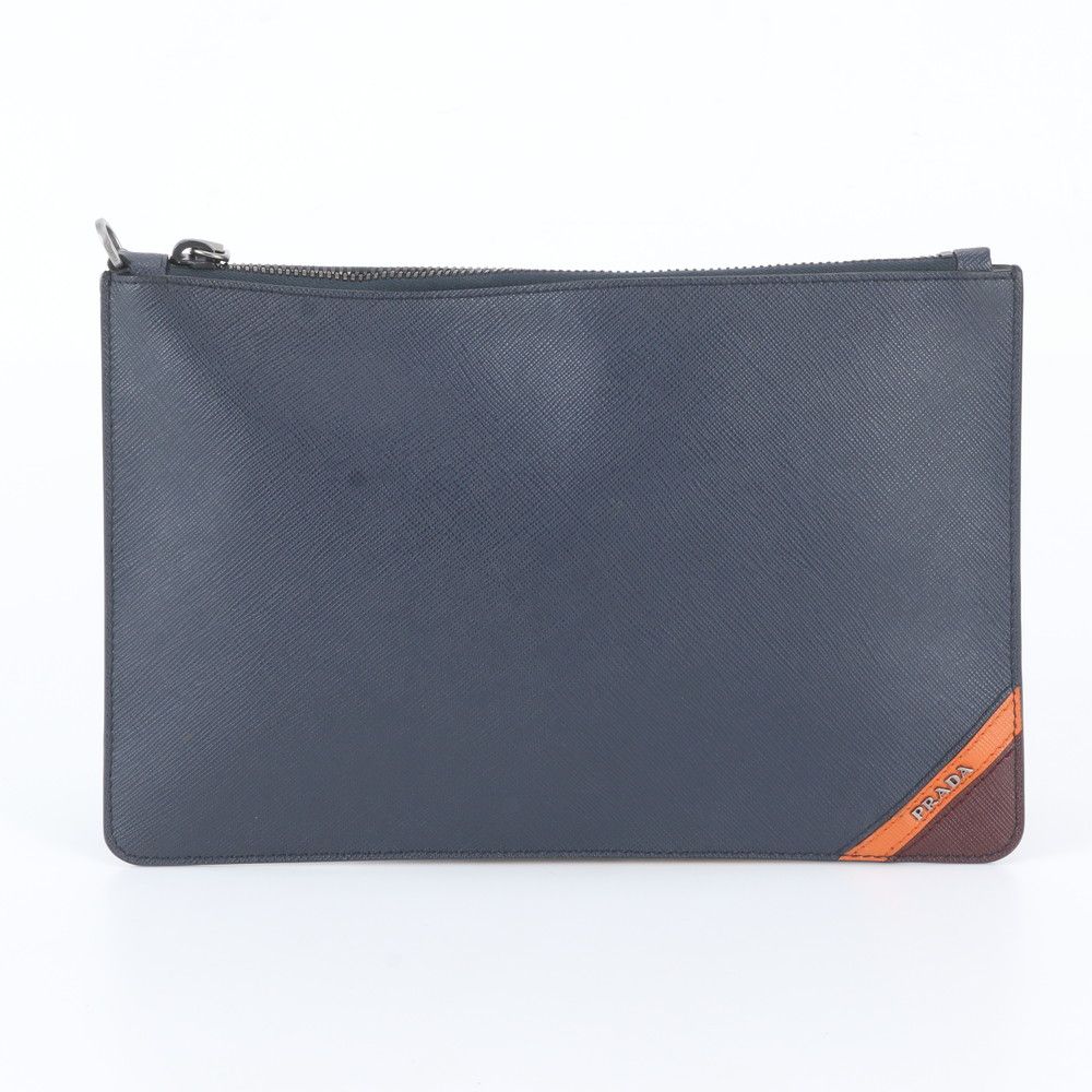 Prada Saffiano Leather Clutch Pouch Business Navy