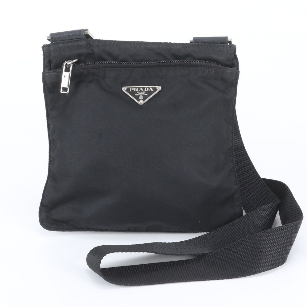 Prada Tessuto Nylon Triangle Logo Leather Shoulder Bag Crossbody Black
