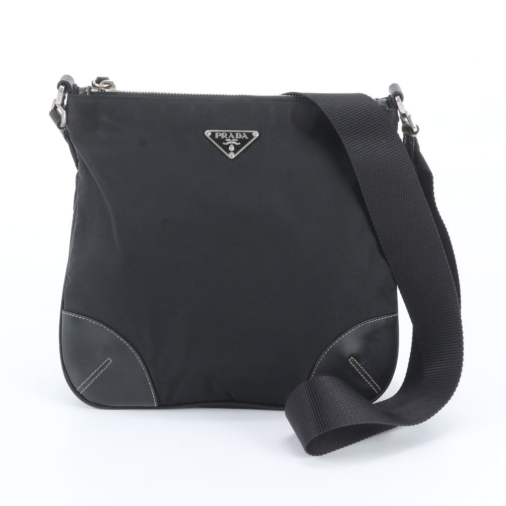 Prada Tessuto Nylon Triangle Logo Leather Shoulder Bag Crossbody Black