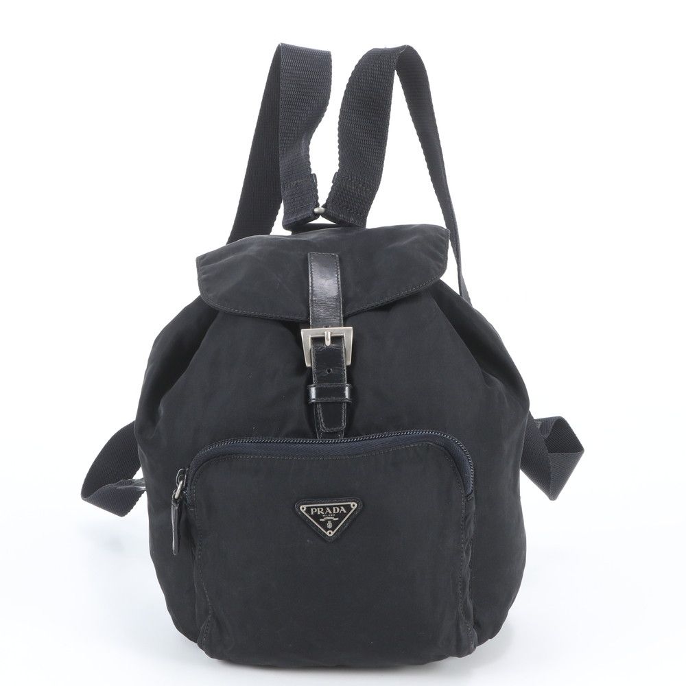 Prada Tessuto Nylon Triangle Logo Leather Backpack Black