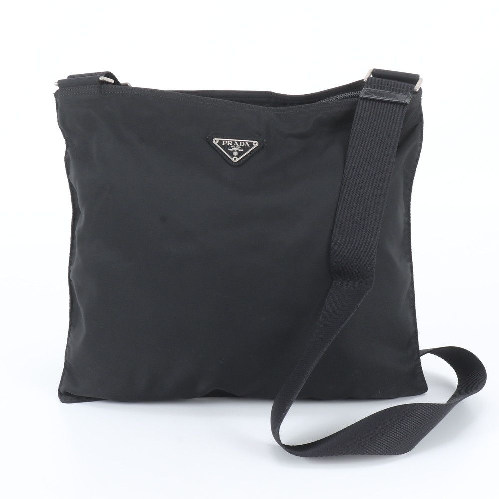 Prada Tessuto Nylon Triangle Logo Leather Shoulder Bag Crossbody Messenger Black