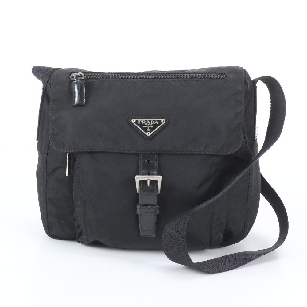 Prada Tessuto Nylon Triangle Logo Leather Shoulder Bag Crossbody Messenger Black