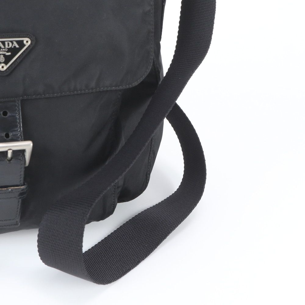 Prada Tessuto Nylon Triangle Logo Leather Shoulder Bag Crossbody Messenger Black — view 2