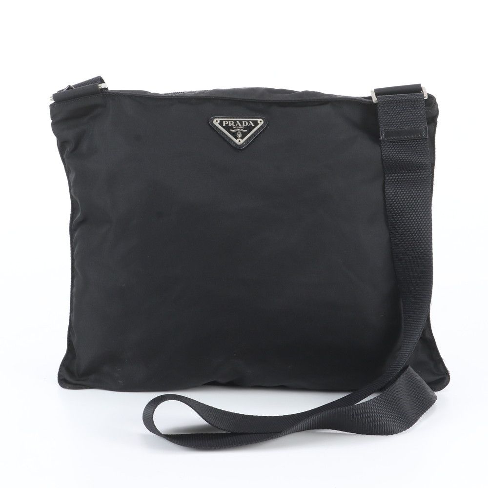 Prada Tessuto Nylon Triangle Logo Leather Shoulder Bag Crossbody Messenger Black