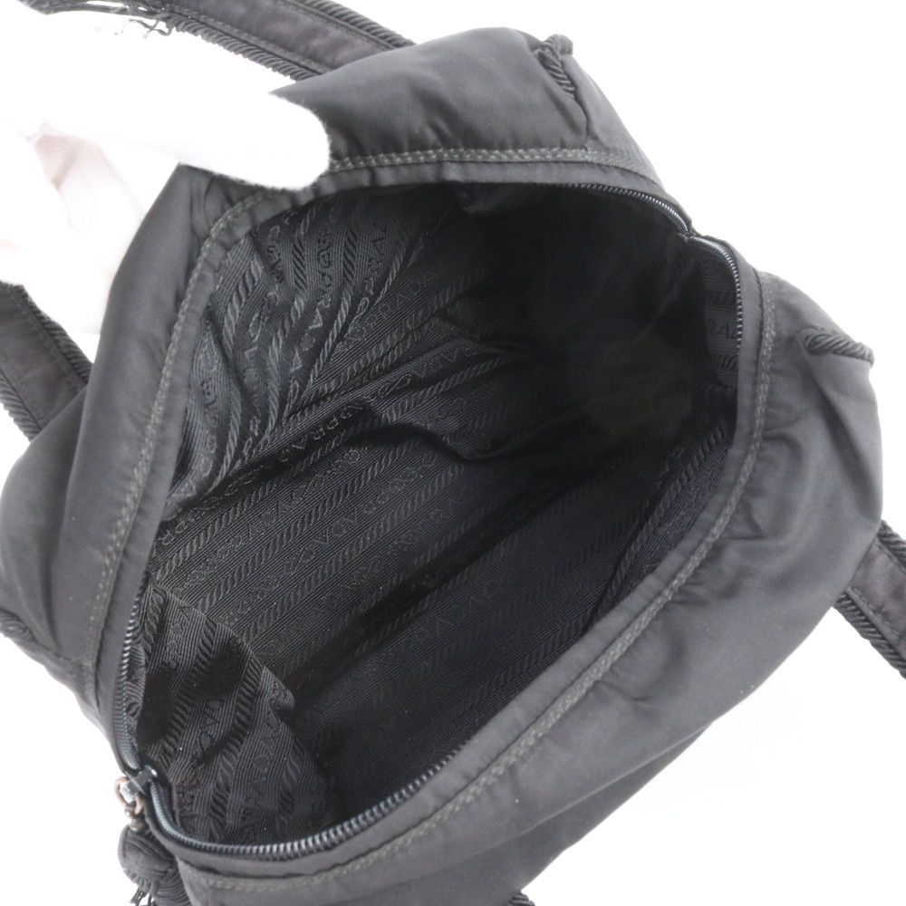 Prada Tessuto Nylon Bijou Logo Embroidery Tassel Handbag Black — view 7