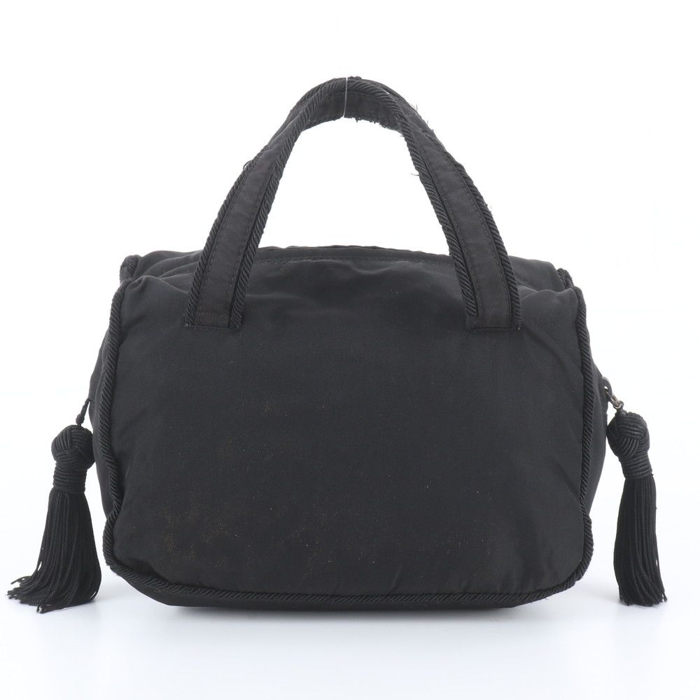 Prada Tessuto Nylon Bijou Logo Embroidery Tassel Handbag Black — view 3