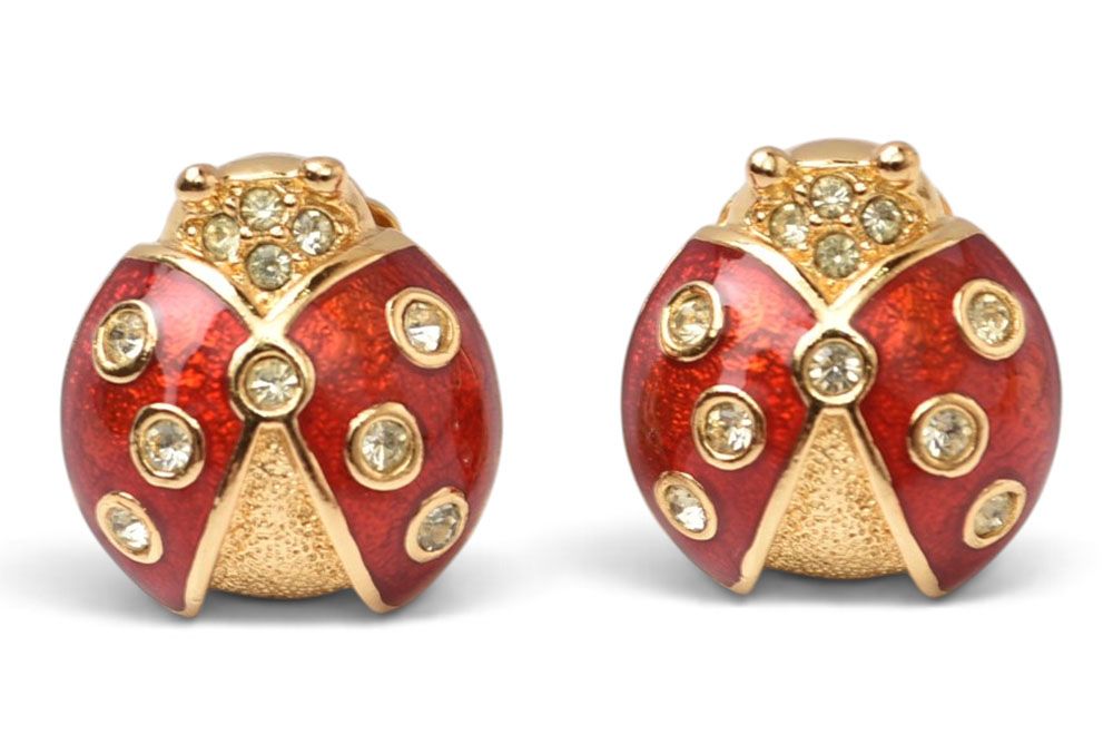 Dior Earrings Vintage Rhinestone Ladybird Red Gold