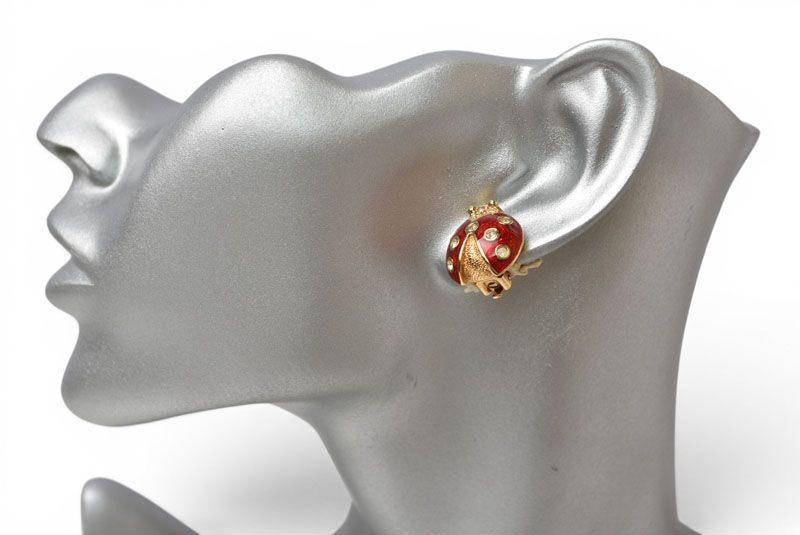 Dior Earrings Vintage Rhinestone Ladybird Red Gold — view 5