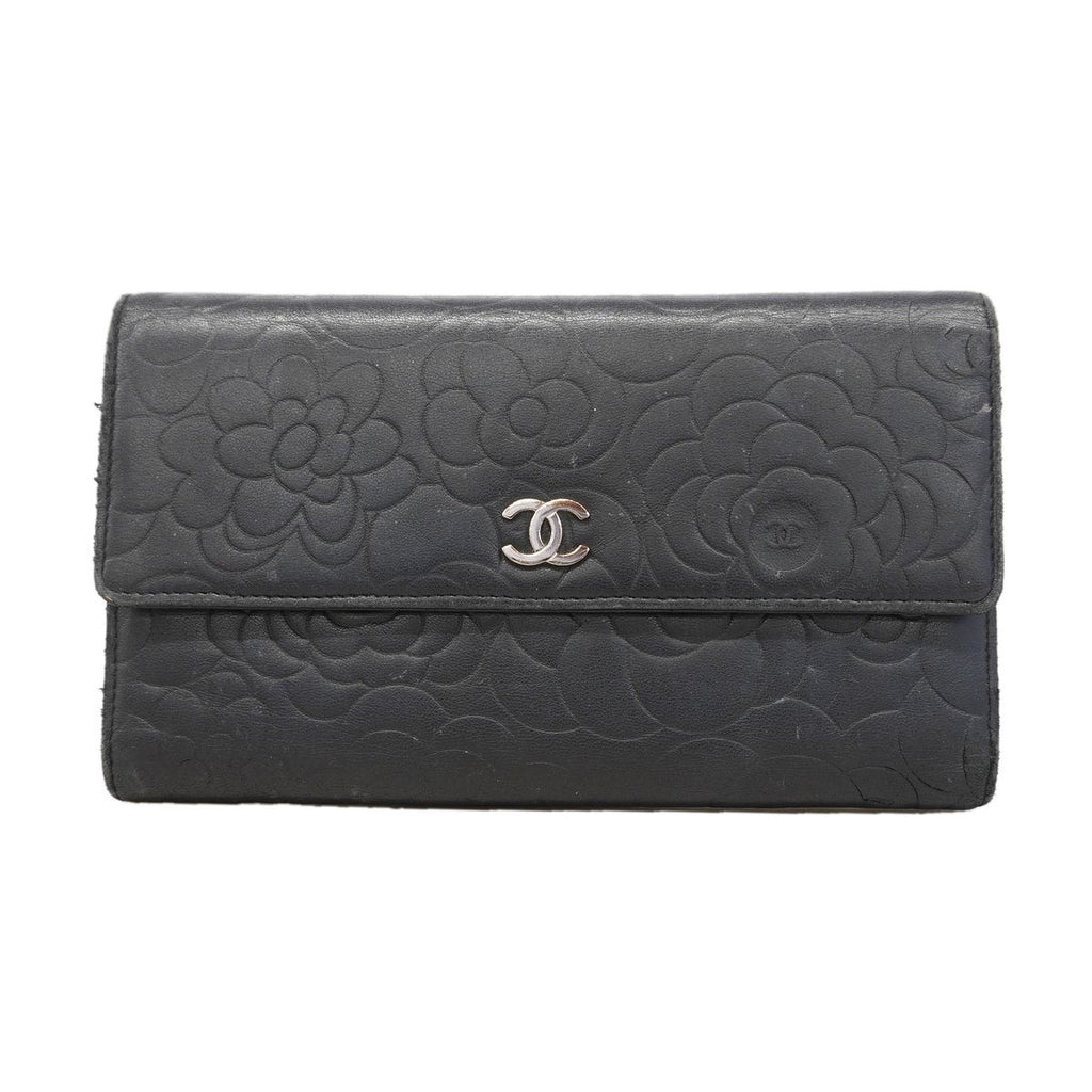 Chanel Trifold Wallet Camellia Lambskin Black Silver