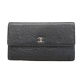 Chanel Trifold Wallet Camellia Lambskin Black Silver