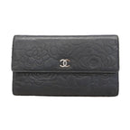 Chanel Trifold Wallet Camellia Lambskin Black Silver