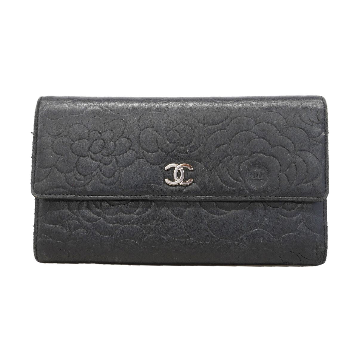 Chanel Trifold Wallet Camellia Lambskin Black Silver