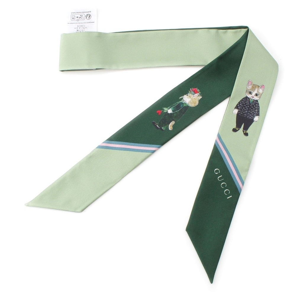 Gucci Yuko Higuchi Silk Neck Bow Scarf Logo Cat Green