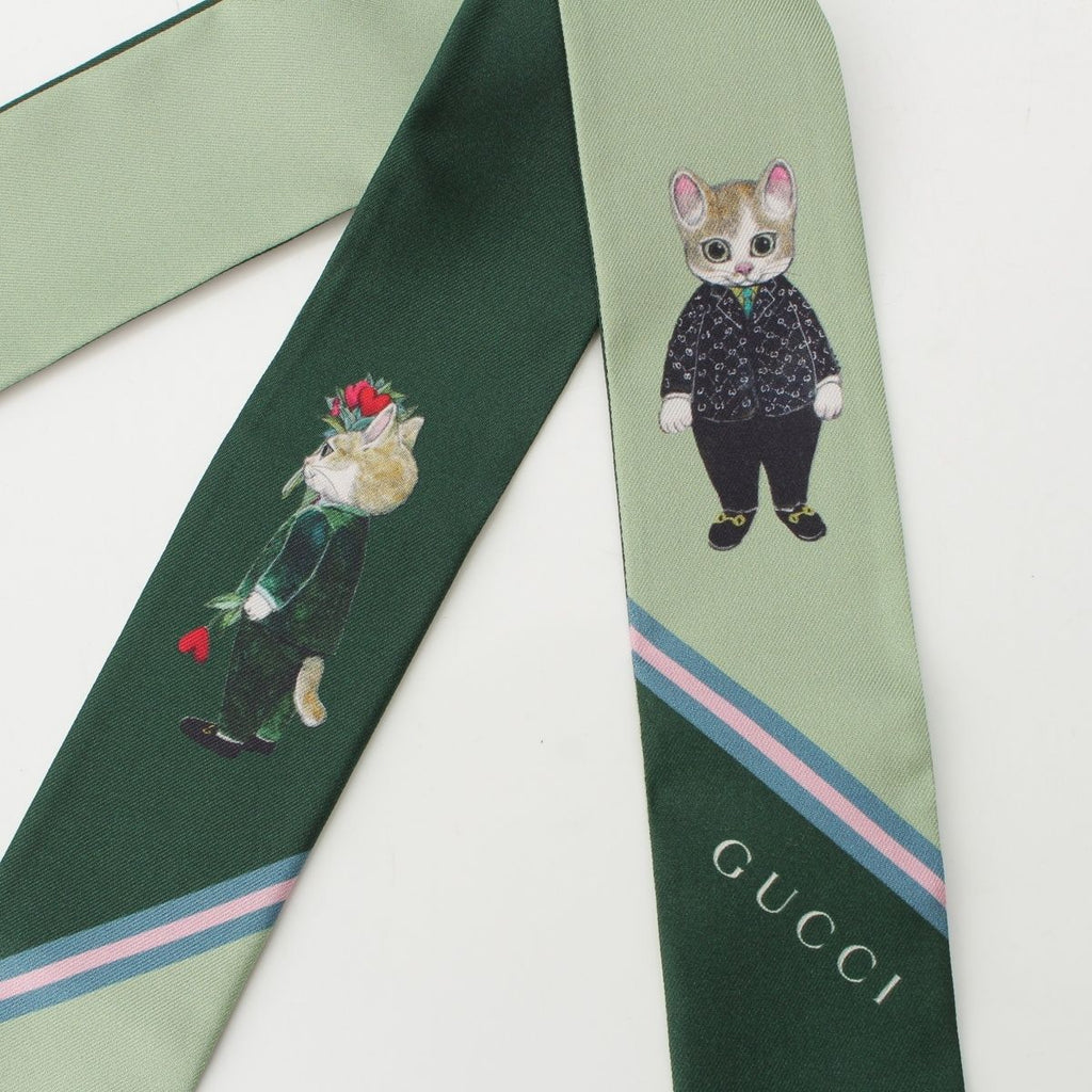 Gucci Yuko Higuchi Silk Neck Bow Scarf Logo Cat Green — view 3