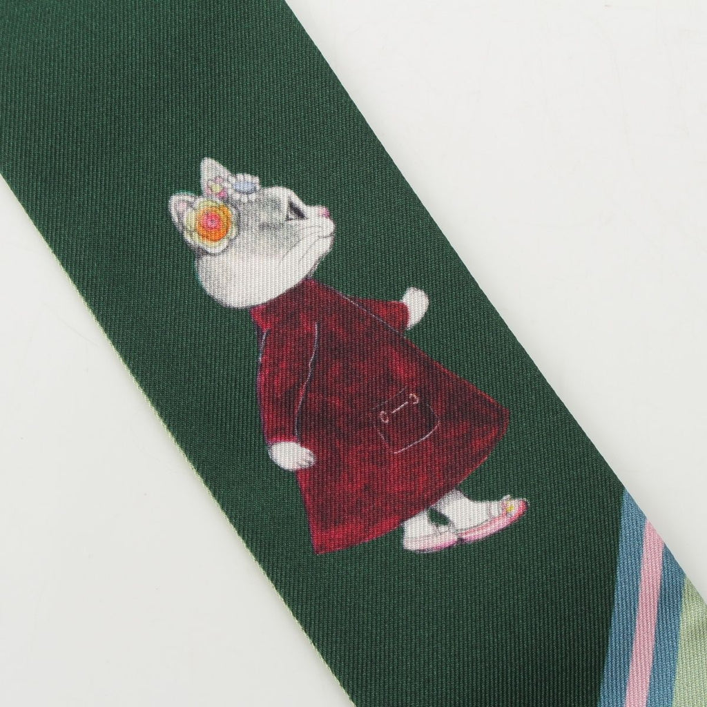 Gucci Yuko Higuchi Silk Neck Bow Scarf Logo Cat Green — view 5