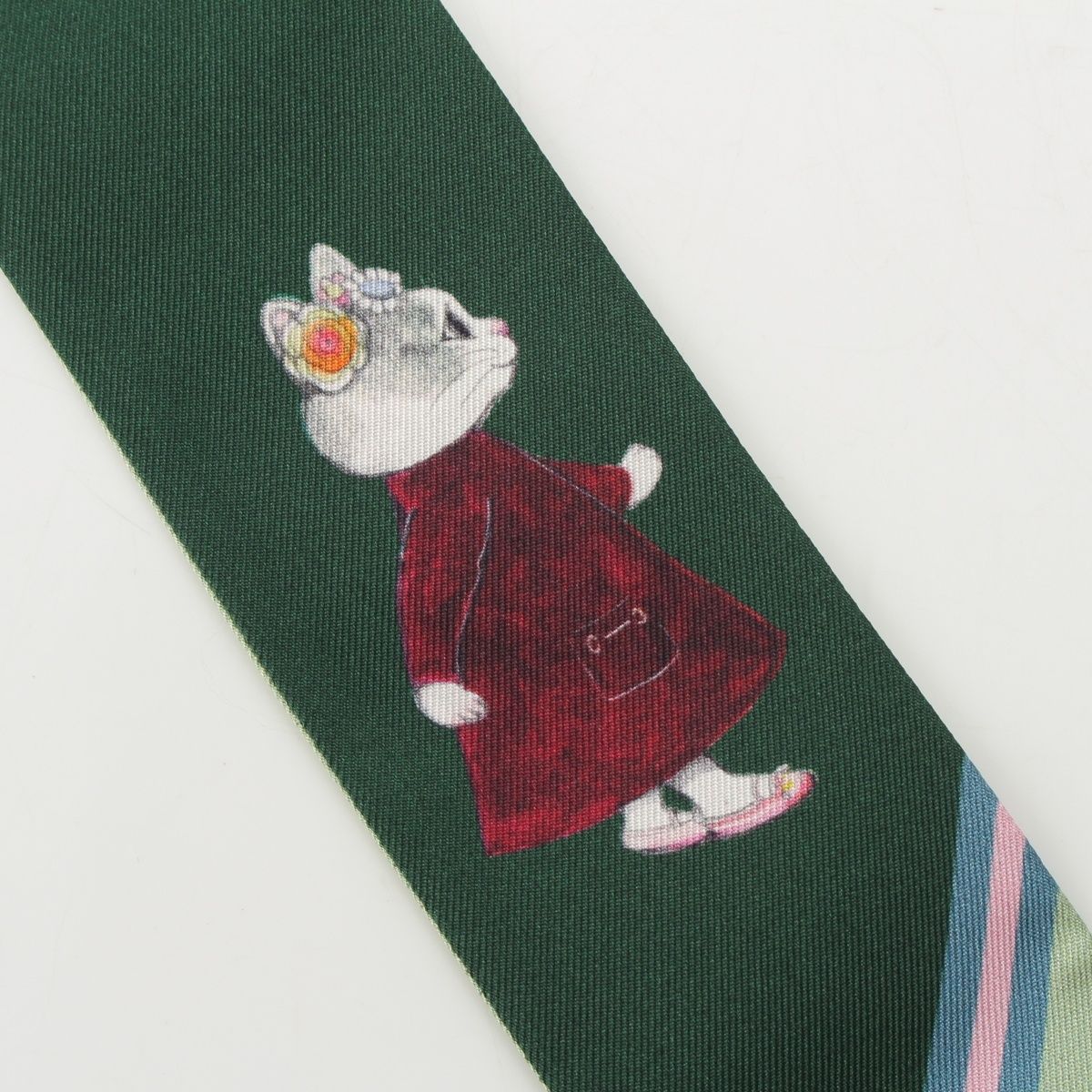 Gucci Yuko Higuchi Silk Neck Bow Scarf Logo Cat Green — view 5