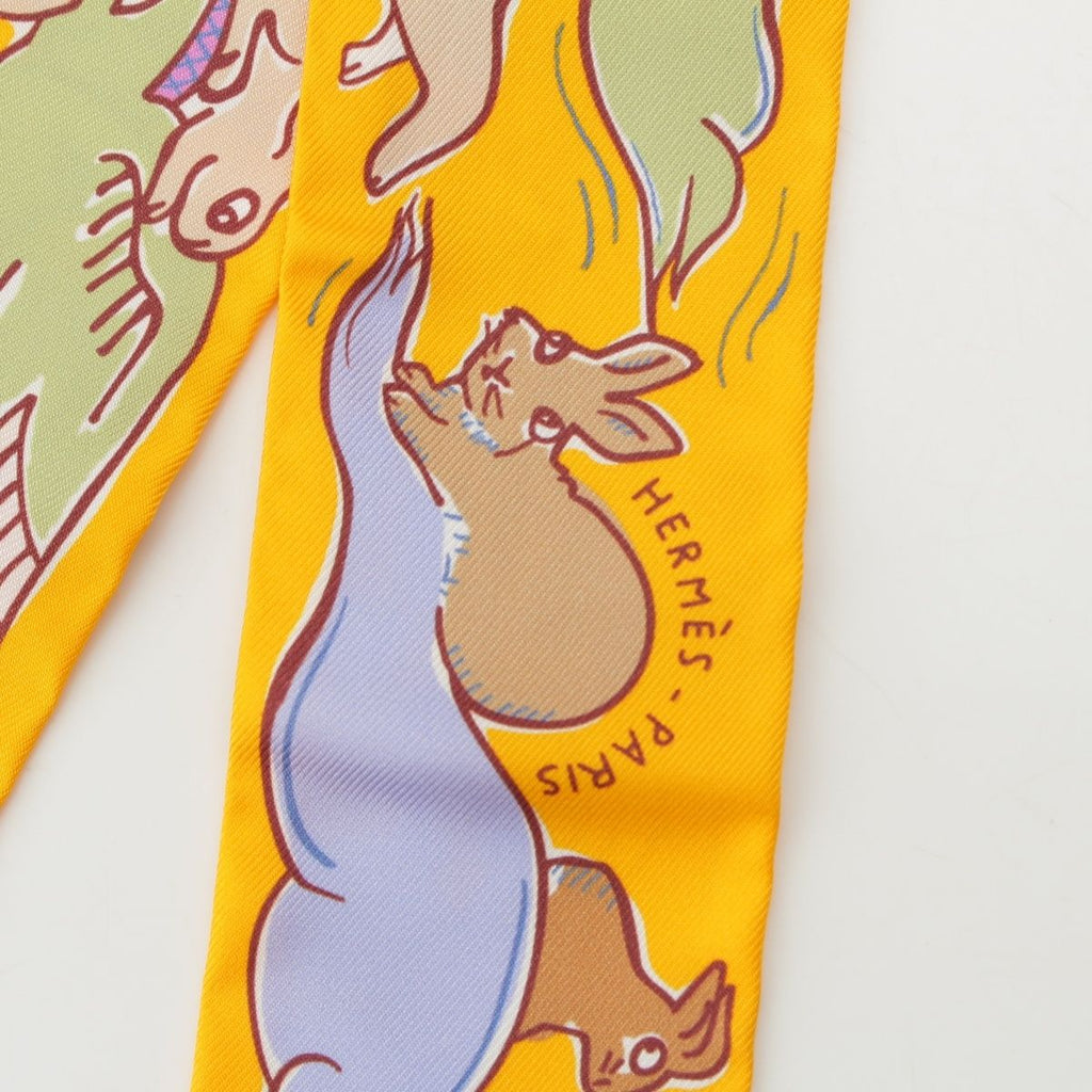 Hermes Twilly Silk Mille Et Un Lapins a Thousand and One Rabbit Scarf Yellow — view 3
