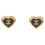 Chanel CC Logo Heart Earrings Black Gold