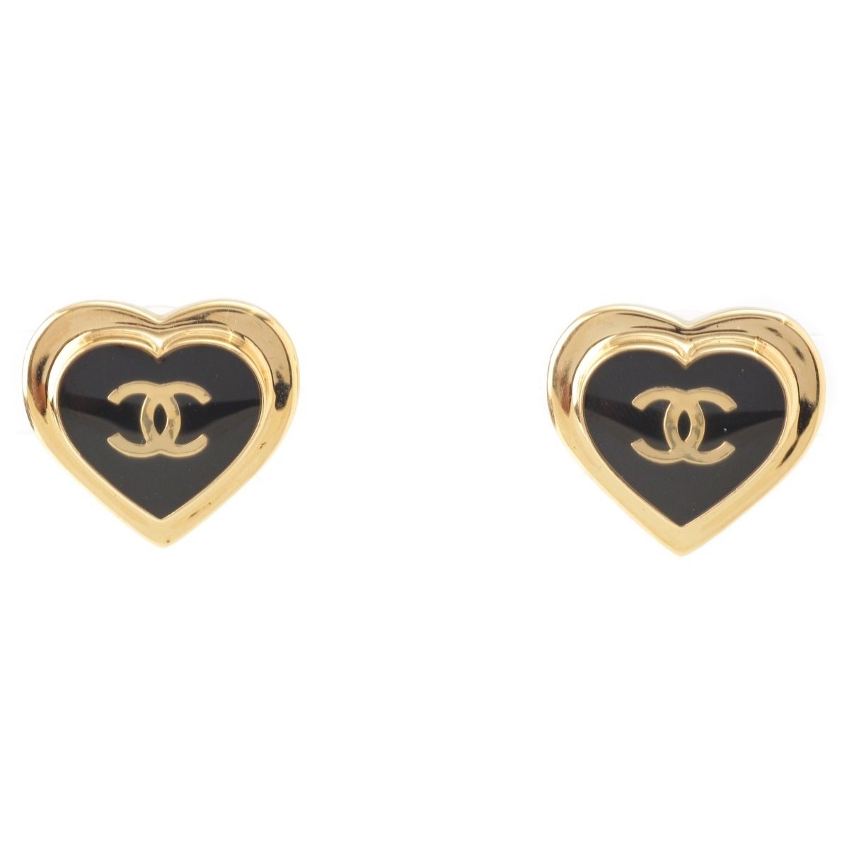 Chanel CC Logo Heart Earrings Black Gold