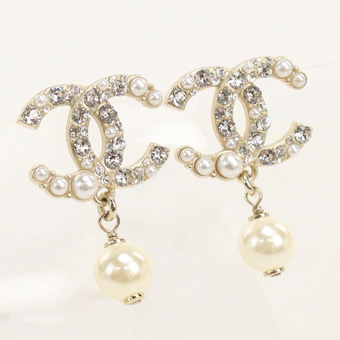 Chanel Rhinestone Pearl CC Logo Earrings Metal