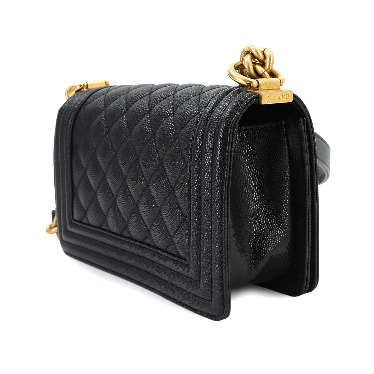 Chanel Boy Small Chain Shoulder Bag Caviar Leather Black Gold — view 3