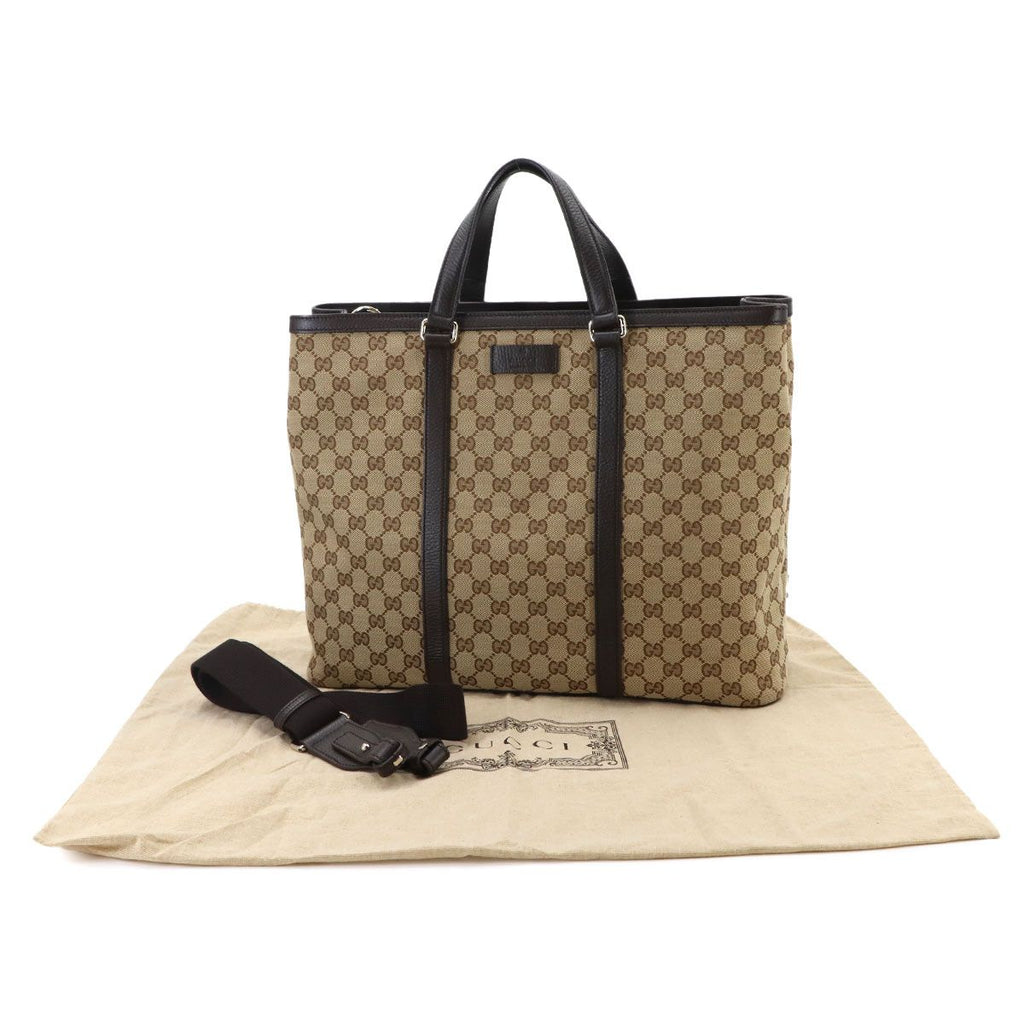Gucci GG Canvas 2-Way Tote Shoulder Bag Leather Beige Brown Silver — view 2