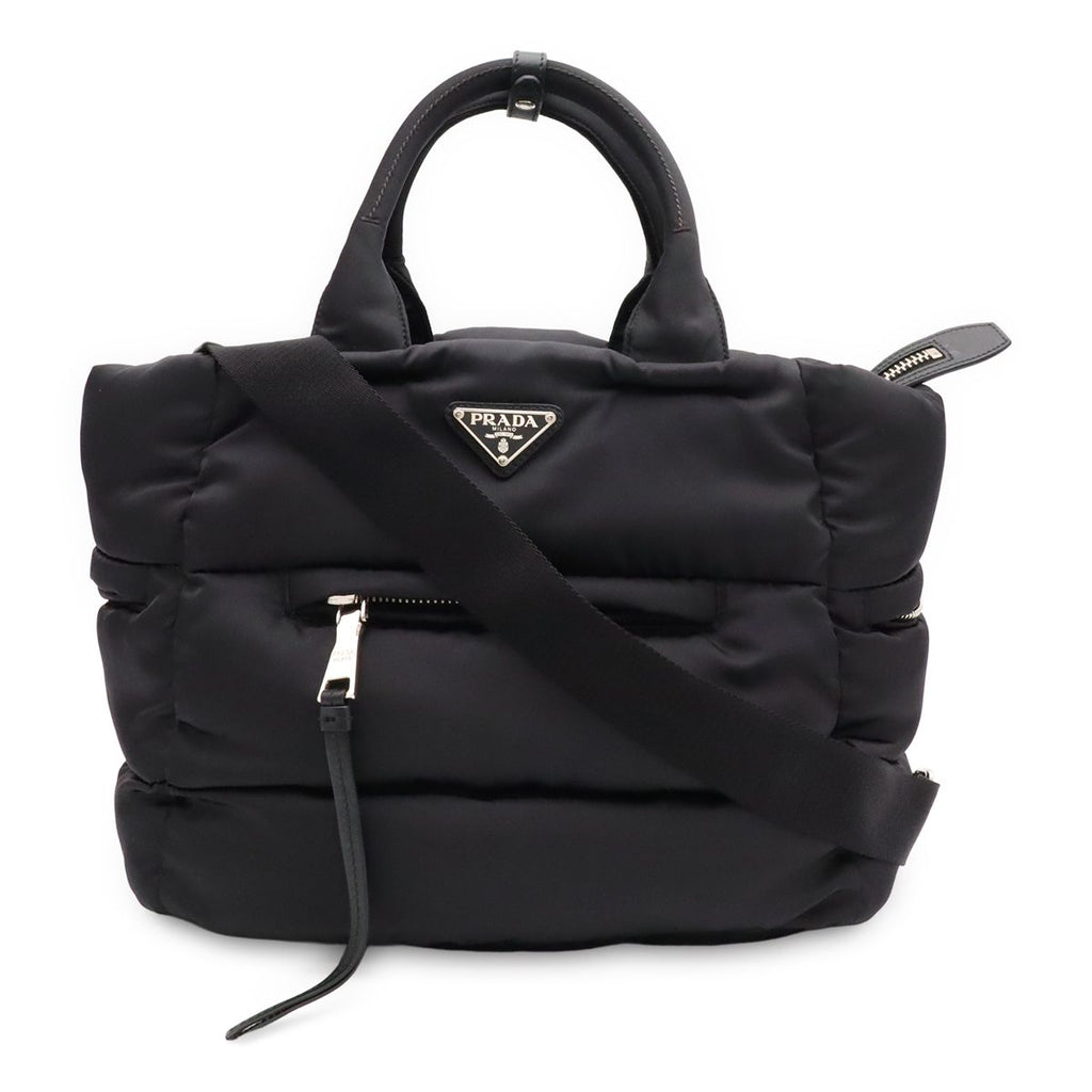 Prada Bomber Triangle Logo Tote 2-Way Shoulder Bag Nylon Leather Nero Black