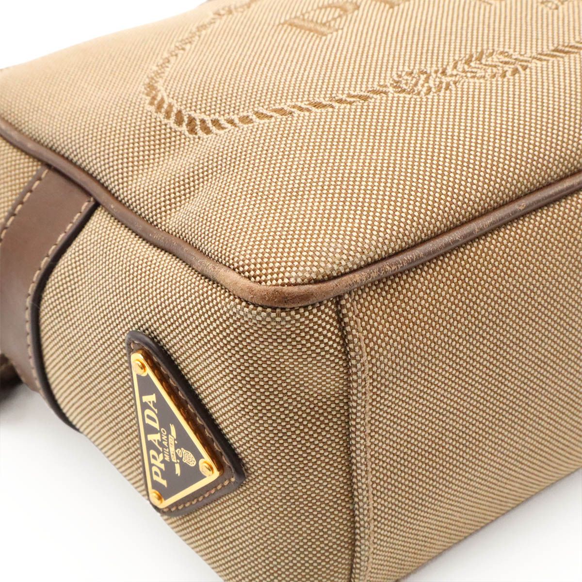 Prada Logo Jacquard Ribbon Shoulder Bag Pochette Canvas Corda Beige Brucia — view 3