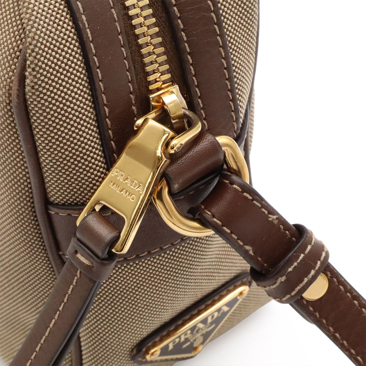 Prada Logo Jacquard Ribbon Shoulder Bag Pochette Canvas Corda Beige Brucia — view 5