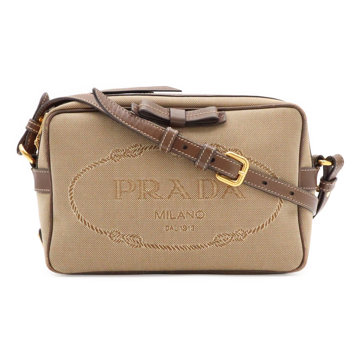 Prada Logo Jacquard Ribbon Shoulder Bag Pochette Canvas Corda Beige Brucia