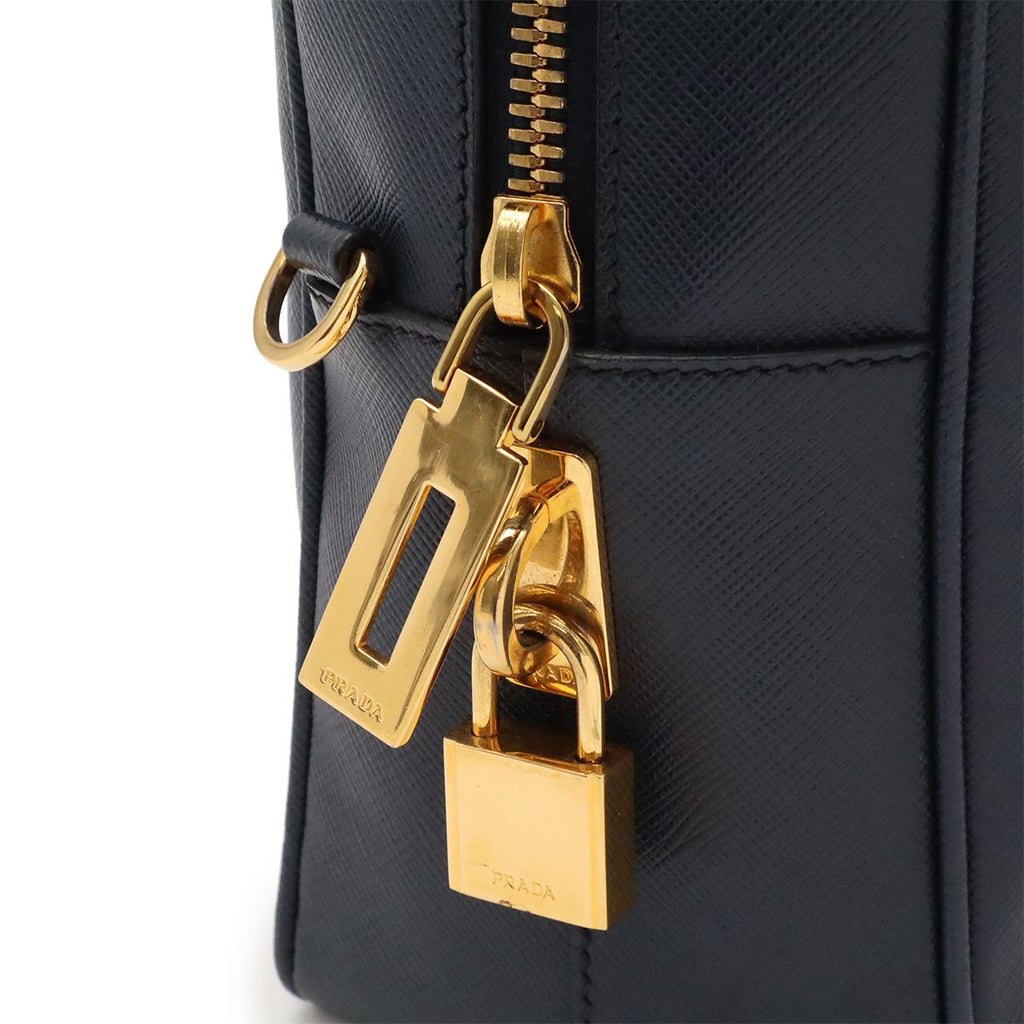Prada Saffiano Mini Boston Bag 2-Way Crossbody Leather Navy Gold — view 6