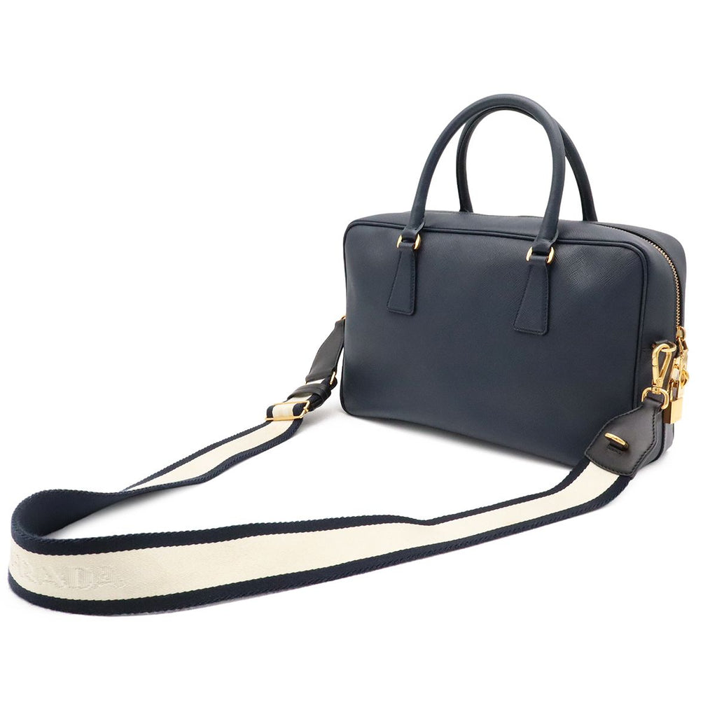 Prada Saffiano Mini Boston Bag 2-Way Crossbody Leather Navy Gold — view 2