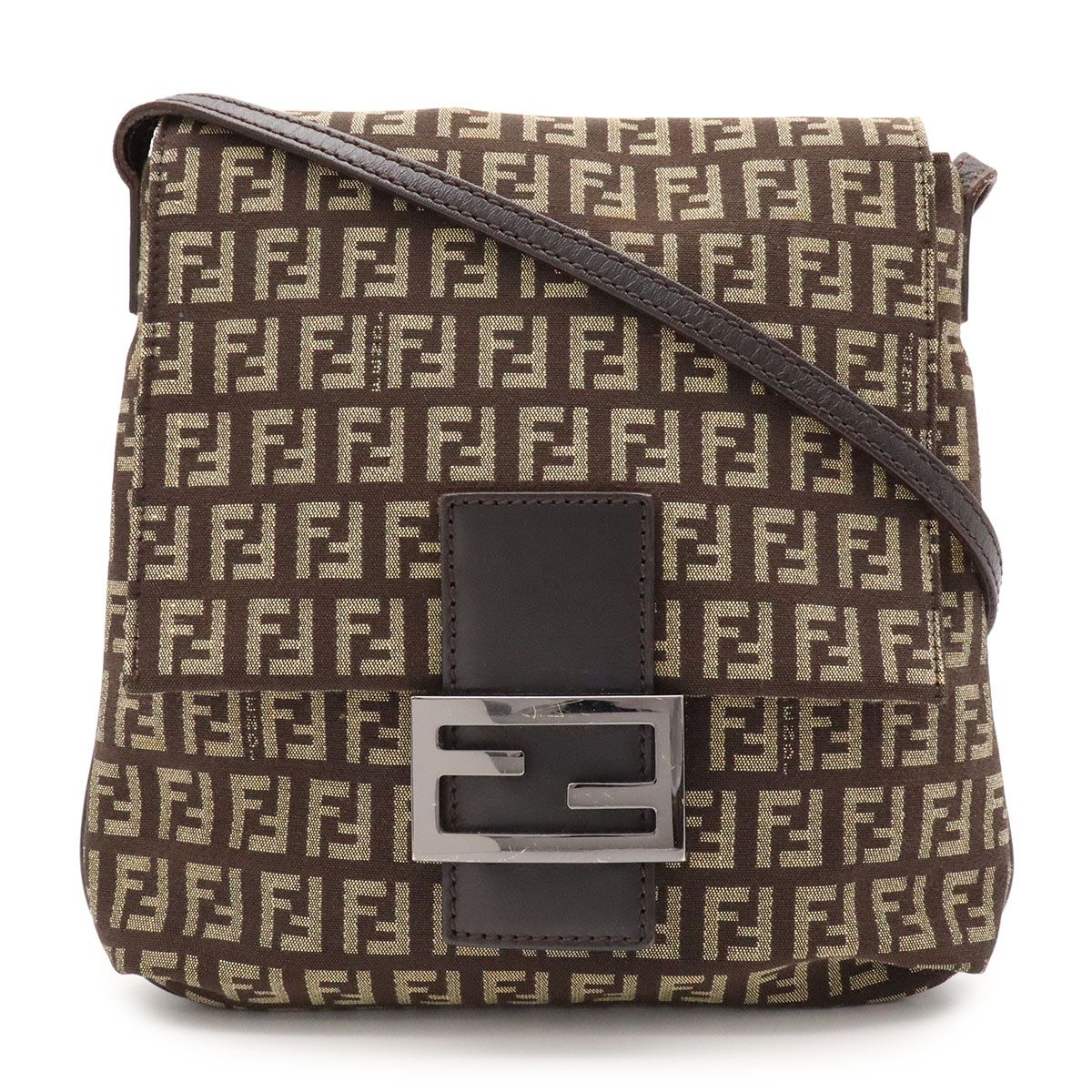 Fendi Zucchino Pattern Shoulder Bag Pochette Crossbody Canvas Leather Brown
