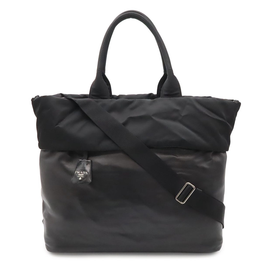 Prada Reversible Tote 2-Way Shoulder Bag Nylon Leather Nero Black Silver