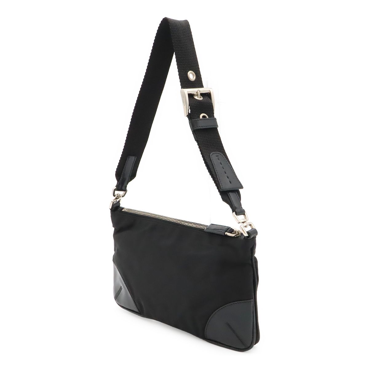 Prada Triangle Logo Tessuto Light Shoulder Bag Nylon Nero Black Silver — view 2