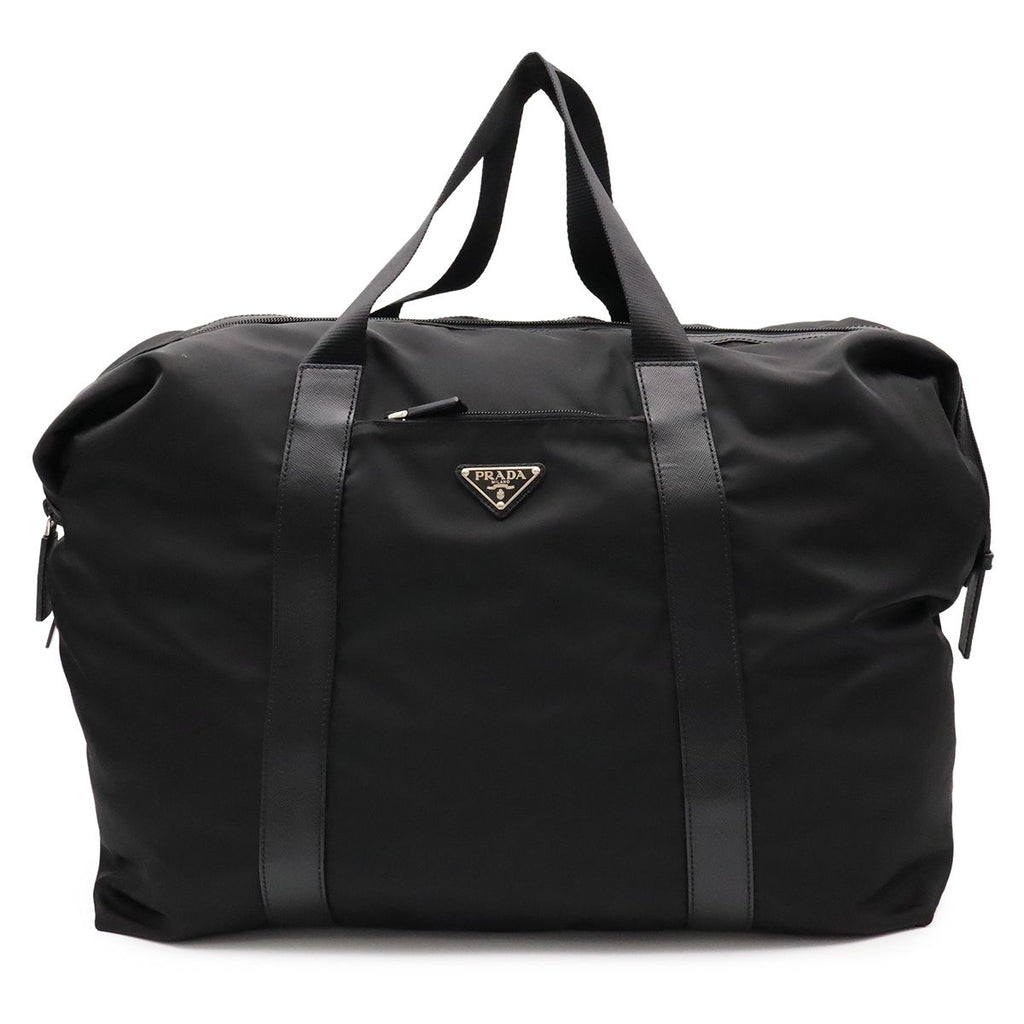 Prada Triangle Logo Tote Big Travel Bag Purse Nylon Leather Nero Black Silver