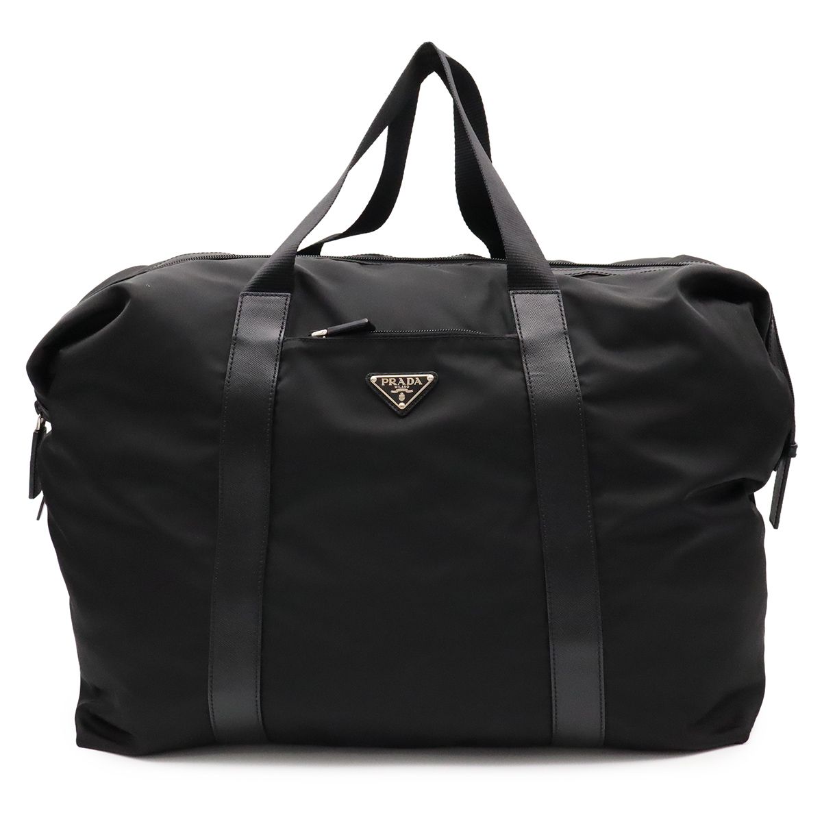Prada Triangle Logo Tote Big Travel Bag Purse Nylon Leather Nero Black Silver