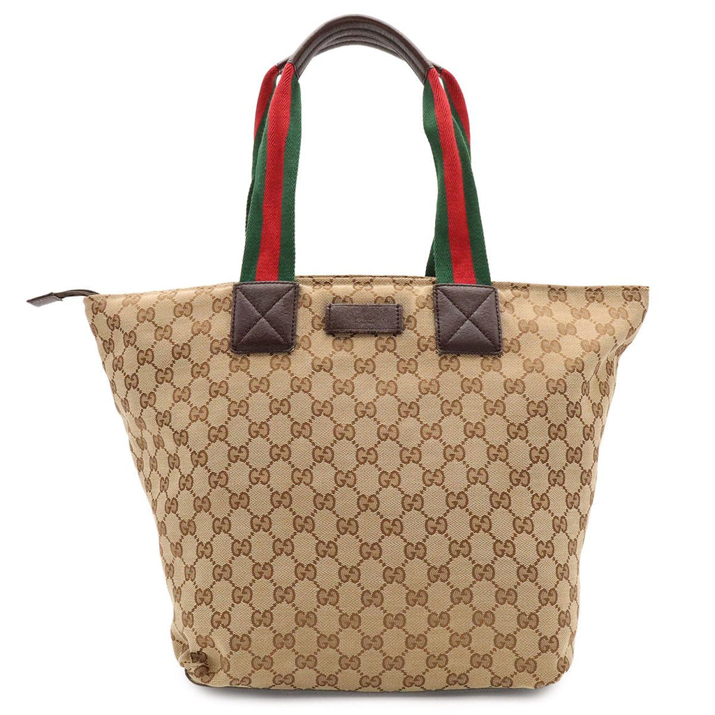 Gucci GG Canvas Sherry Line Tote Shoulder Bag Leather Beige Dark Brown
