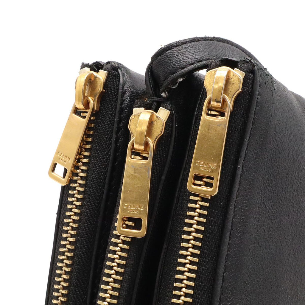 Celine Trio Shoulder Bag Pouch Pochette Crossbody Leather Black Gold — view 6